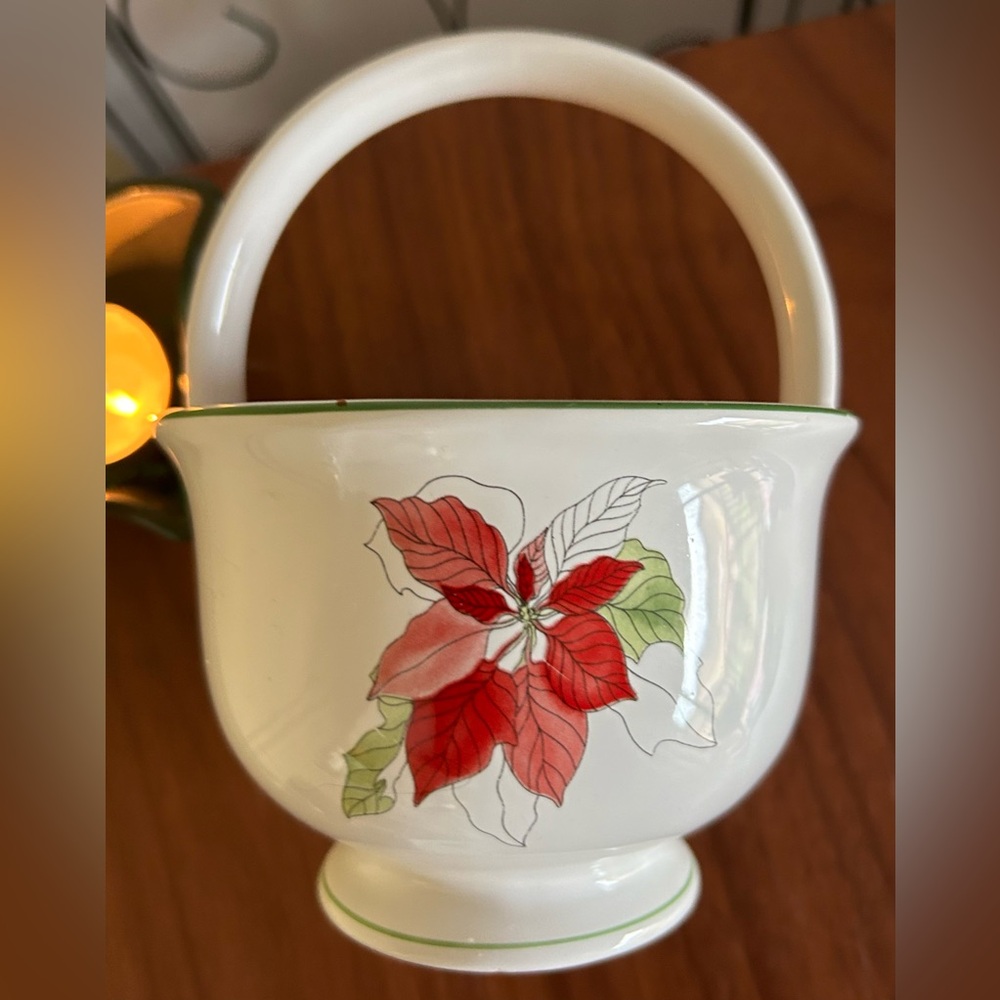 Watercolors, Block Bernarda handled dish “poinsettias” made in Portugal. 1982